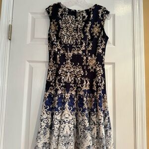 Julian Taylor Navy and Cream Patterned Midi Dress